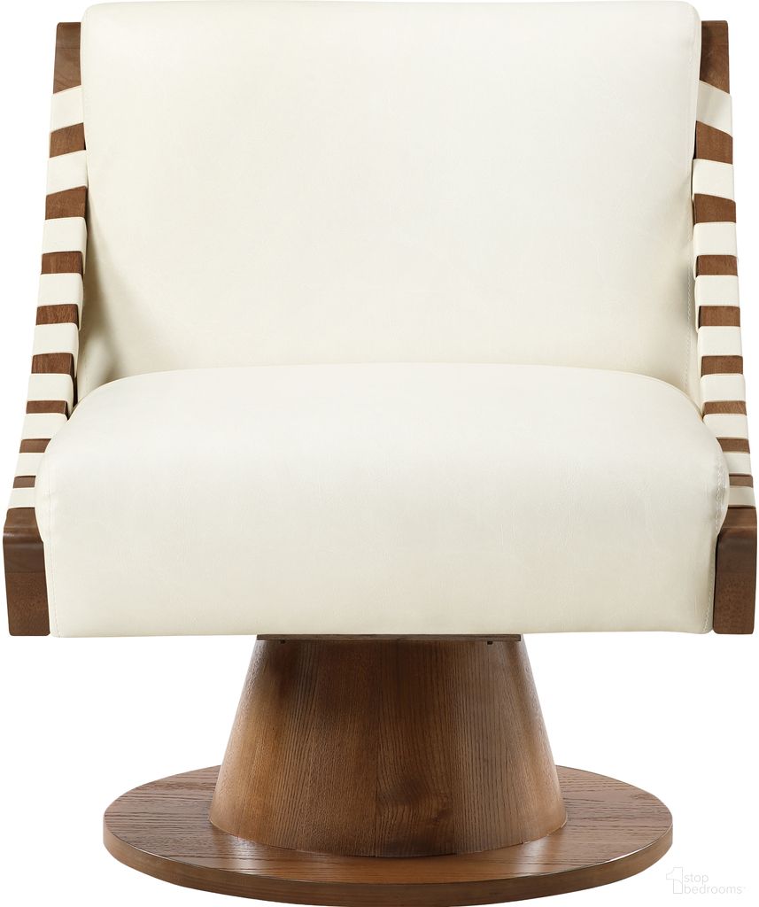 The appearance of Millwin Vegan Leather Swivel Accent Chair In Cream and Walnut designed by Meridian in the modern / contemporary interior design. This cream/walnut piece of furniture was selected by 1StopBedrooms from Millwin Collection to add a touch of cosiness and style into your home. Sku: 33003Cream. Material: Vegan Leather.