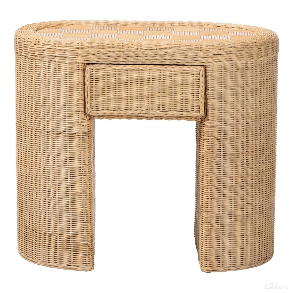 Mimi Checkered End Table with Drawer In Natural Rattan