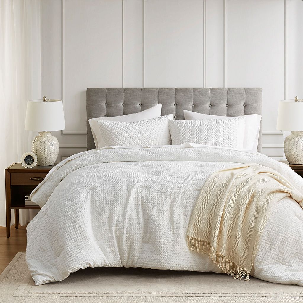 Mina Waffle Weave Textured Comforter Set In White