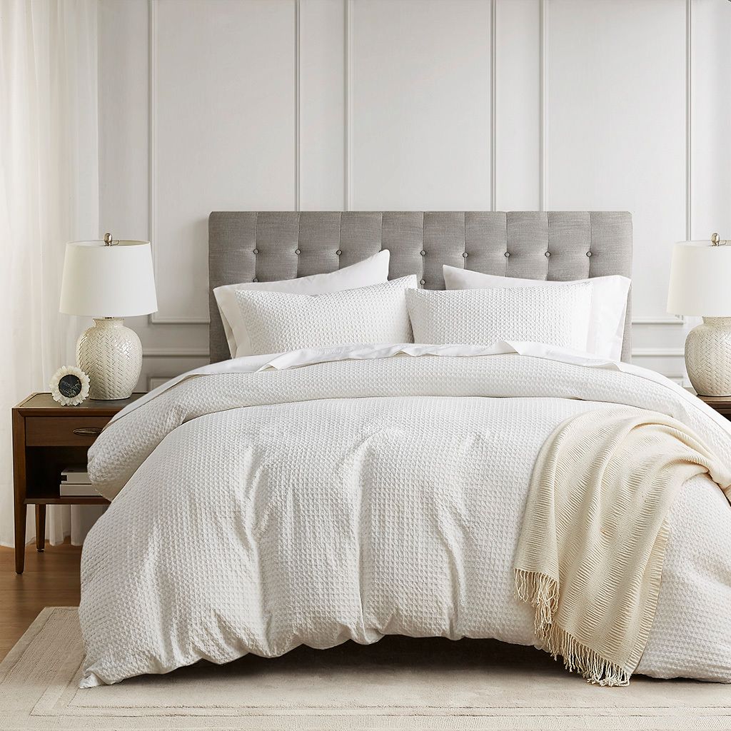 Mina Waffle Weave Textured Duvet Cover Set In White