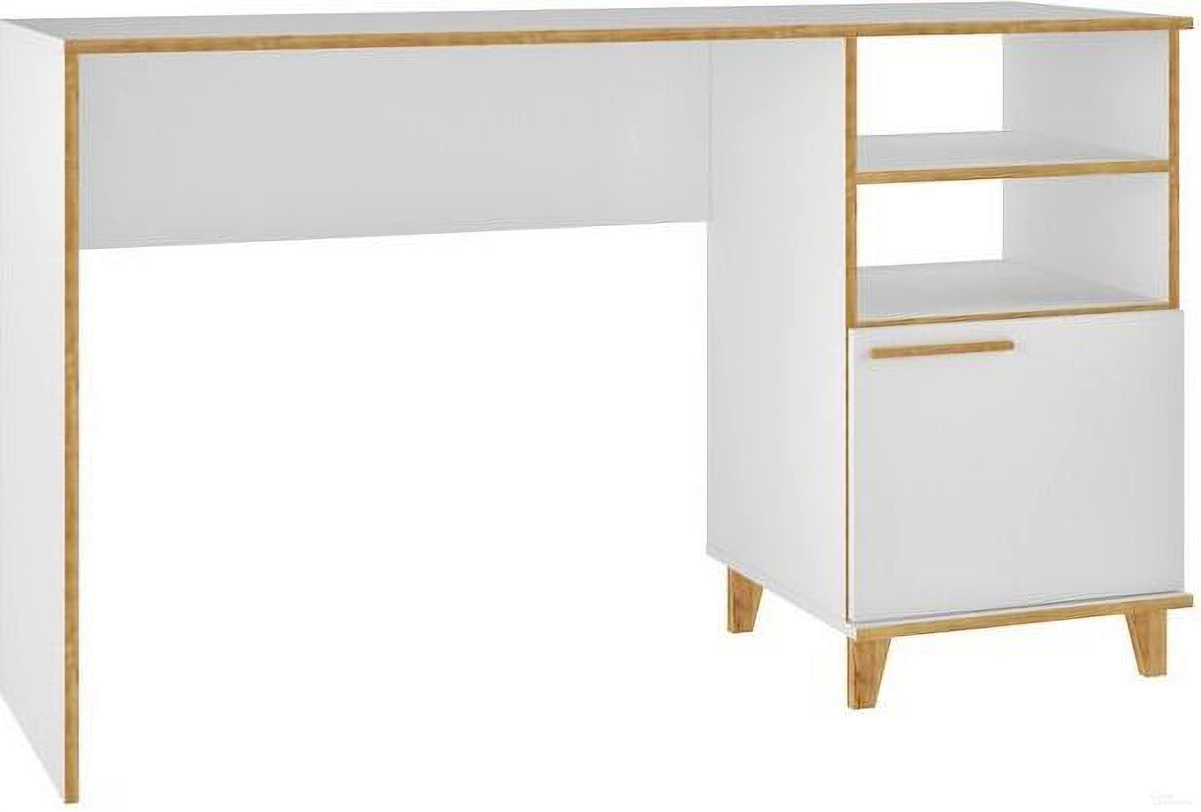 The appearance of Minetta 2-Shelf Mid-Century Office Desk In White designed by Manhattan Comfort in the transitional interior design. This white piece of furniture  was selected by 1StopBedrooms from Minetta Collection to add a touch of cosiness and style into your home. Sku: 136AMC160. Material: MDP.