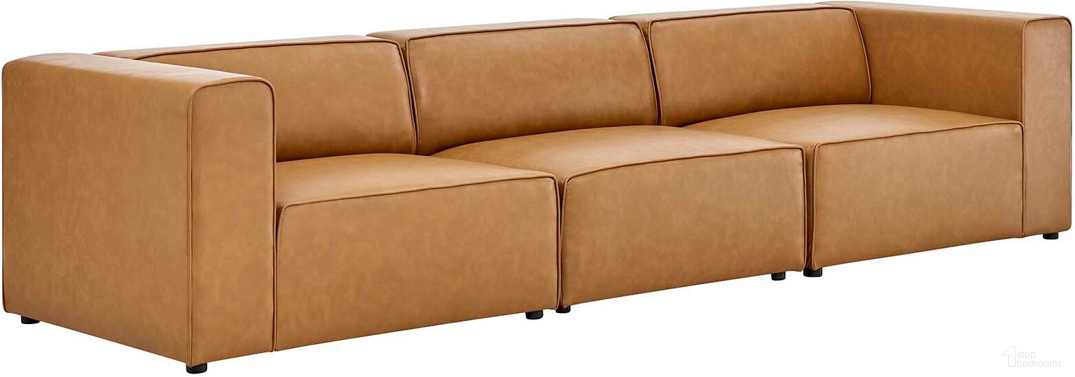 The appearance of Mingle Vegan Leather 3-Piece Sectional Sofa In Tan designed by Modway in the modern / contemporary interior design. This tan piece of furniture  was selected by 1StopBedrooms from Mingle Collection to add a touch of cosiness and style into your home. Sku: EEI-4621-TAN;EEI-4622-TAN;EEI-4623-TAN. Material: Leather.