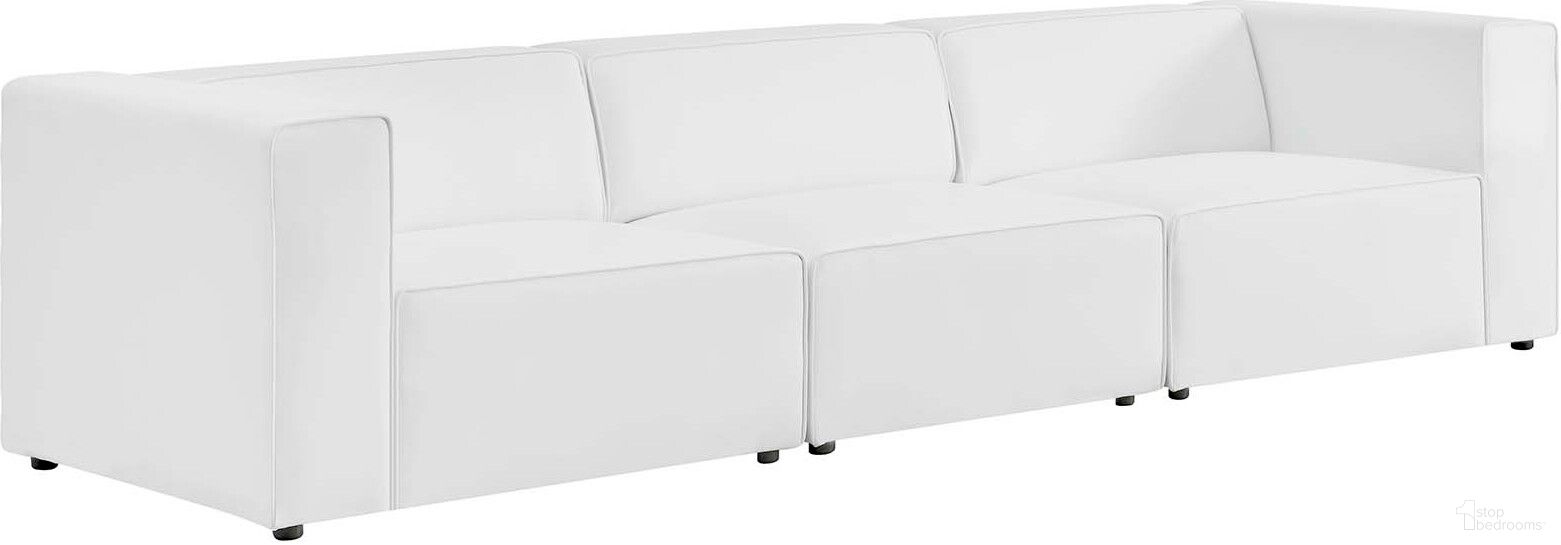 The appearance of Mingle Vegan Leather 3-Piece Sectional Sofa In White designed by Modway in the modern / contemporary interior design. This white leather piece of furniture  was selected by 1StopBedrooms from Mingle Collection to add a touch of cosiness and style into your home. Sku: EEI-4621-WHI;EEI-4622-WHI;EEI-4623-WHI. Material: Leather.
