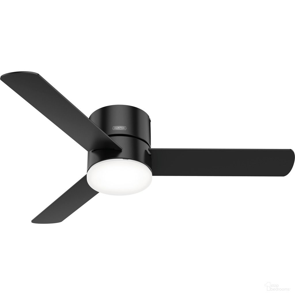 The appearance of Minimus 52 Inch Low Profile Ceiling Fan with LED Light Kit and Handheld Remote In Matte Black designed by Hunter Fan in the transitional interior design. This matte black piece of furniture  was selected by 1StopBedrooms from Minimus Collection to add a touch of cosiness and style into your home. Sku: 51432. Material: Composite.