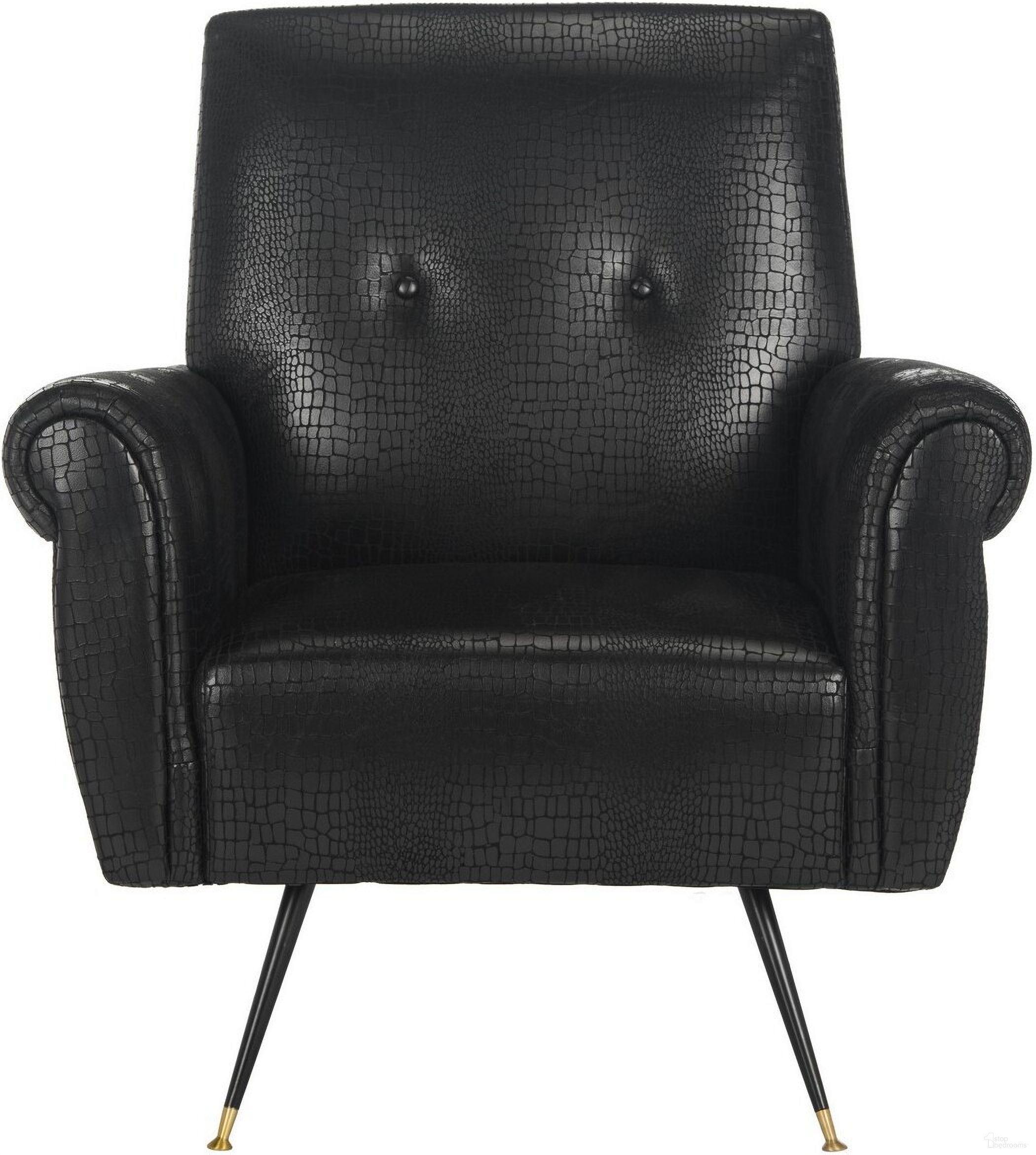 The appearance of Mira Black Retro Mid Century Faux Leather Accent Chair designed by Safavieh in the traditional interior design. This black piece of furniture was selected by 1StopBedrooms from Mira Collection to add a touch of cosiness and style into your home. Sku: FOX6285A. Material: Iron.