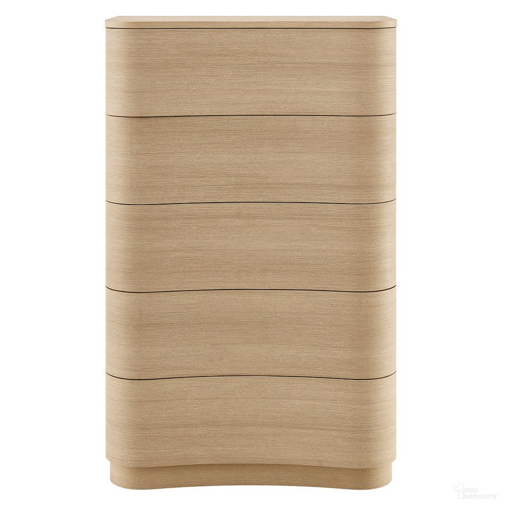 The appearance of Mirae 5-Drawer Curved Dresser Chest Of Drawers In Brush Light Oak designed by Modway in the modern / contemporary interior design. This brush light oak piece of furniture  was selected by 1StopBedrooms from Mirae Collection to add a touch of cosiness and style into your home. Sku: MOD-7231-BOA. Material: Laminate.