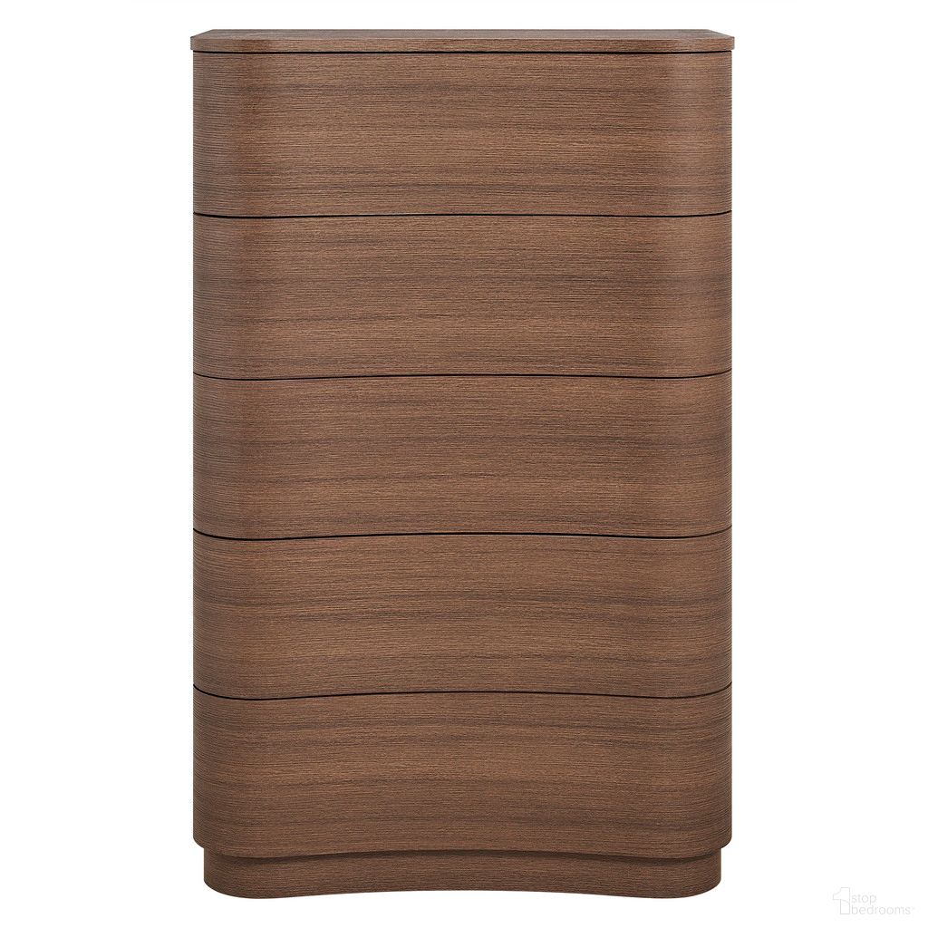 The appearance of Mirae 5-Drawer Curved Dresser Chest Of Drawers In Brushed Brown Oak designed by Modway in the modern / contemporary interior design. This brushed brown oak piece of furniture  was selected by 1StopBedrooms from Mirae Collection to add a touch of cosiness and style into your home. Sku: MOD-7231-BBO. Material: Laminate.