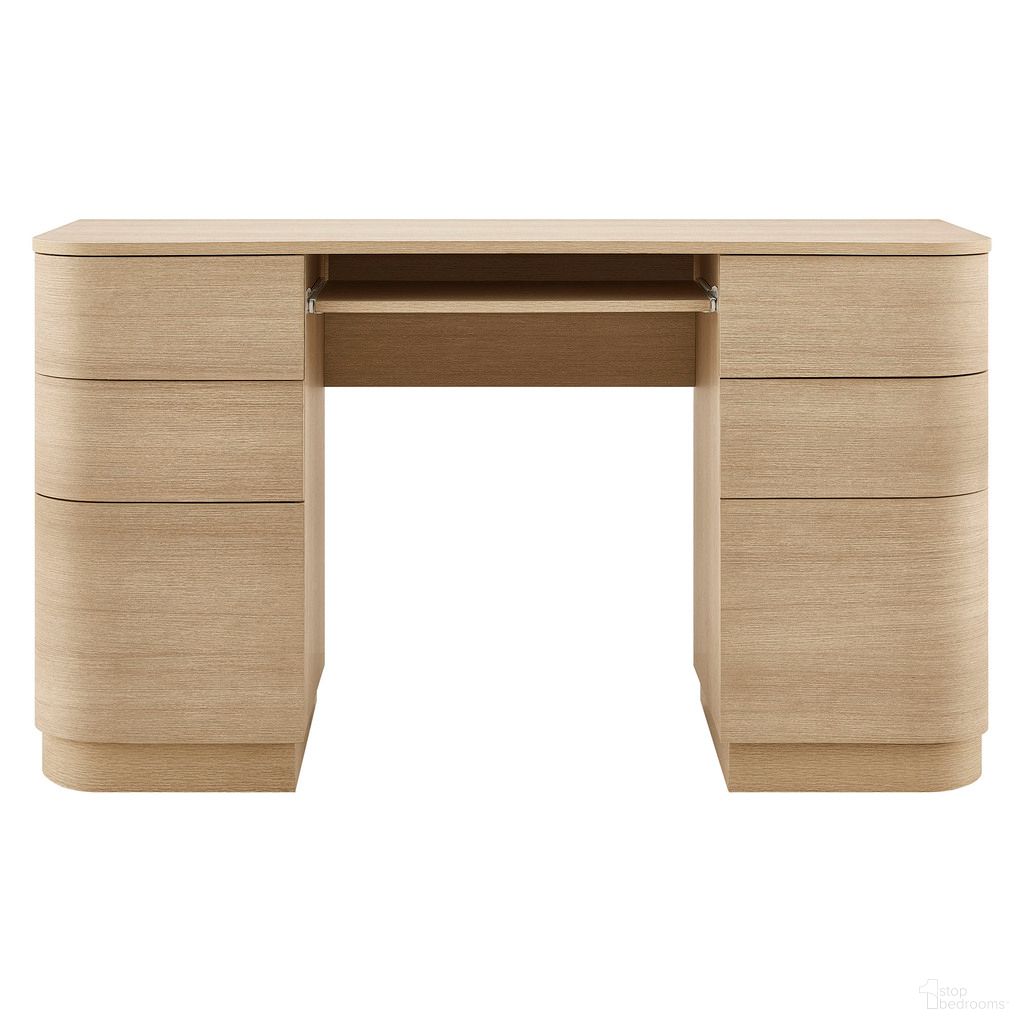 The appearance of Mirae 55 Inch 6-Drawer Curved Office Desk In Brushed Light Oak designed by Modway in the modern / contemporary interior design. This brushed light oak piece of furniture was selected by 1StopBedrooms from Mirae Collection to add a touch of cosiness and style into your home. Sku: EEI-7436-BOA-1;EEI-7436-BOA-2. Material: Laminate.