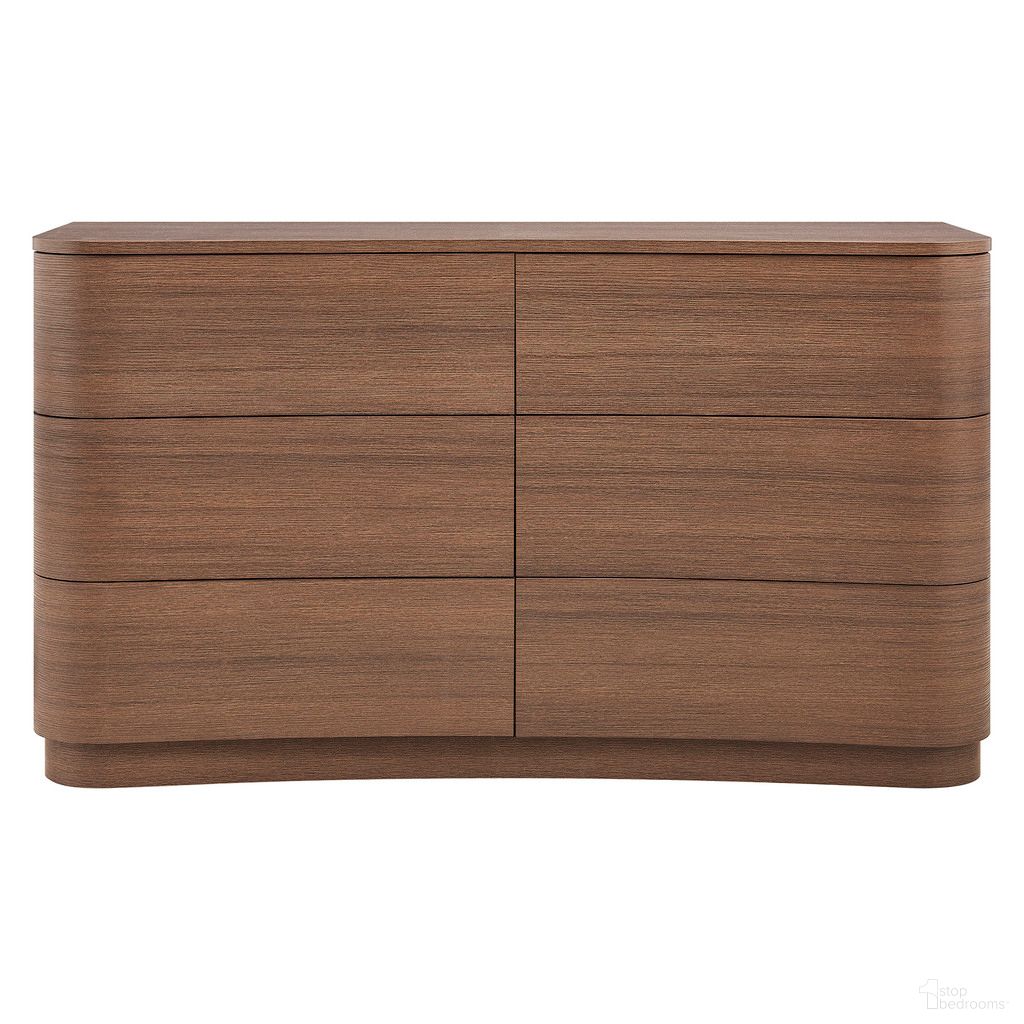 The appearance of Mirae 6-Drawer Curved Dresser In Brushed Brown Oak designed by Modway in the modern / contemporary interior design. This brushed brown oak piece of furniture was selected by 1StopBedrooms from Mirae Collection to add a touch of cosiness and style into your home. Sku: MOD-7229-BBO-1;MOD-7229-BBO-2. Material: Laminate.