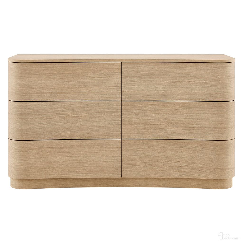 The appearance of Mirae 6-Drawer Curved Dresser In Brushed Light Oak designed by Modway in the modern / contemporary interior design. This brushed light oak piece of furniture  was selected by 1StopBedrooms from Mirae Collection to add a touch of cosiness and style into your home. Sku: MOD-7229-BOA-1;MOD-7229-BOA-2. Material: Laminate.