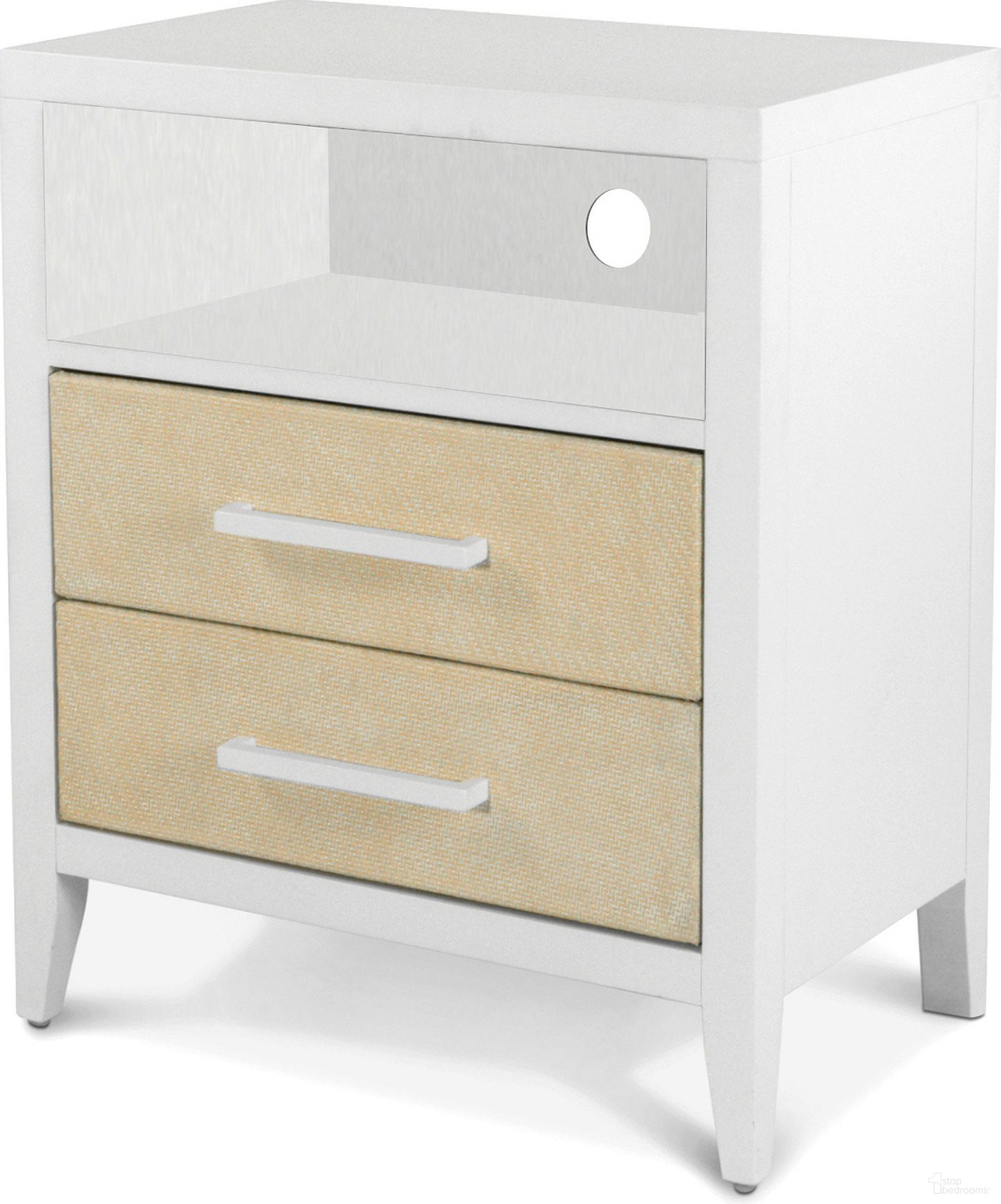 The appearance of Miramar 2 Drawer Woven Nightstand with Power and Usb In White and Brown designed by Sea Winds Trading in the coastal interior design. This white and brown piece of furniture  was selected by 1StopBedrooms from Miramar Collection to add a touch of cosiness and style into your home. Sku: B77732-SAND. Material: Wood.