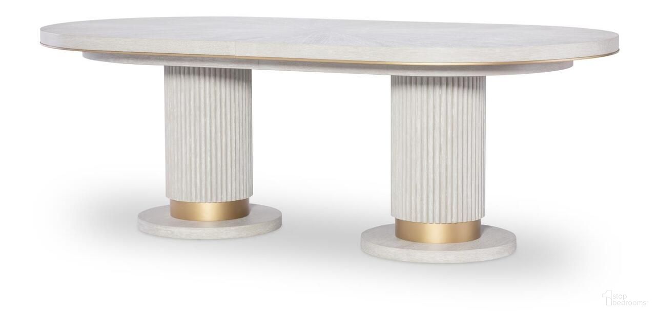 The appearance of Miramar Complete Oval Dining Table In Oyster designed by Legacy Classic in the modern / contemporary interior design. This oyster piece of furniture  was selected by 1StopBedrooms from Miramar Collection to add a touch of cosiness and style into your home. Sku: 3300-421T;3300-421B. Table Base Style: Double Pedestal. Table Top Shape: Oval. Size: 122" x 46". Material: Solid Hardwood.