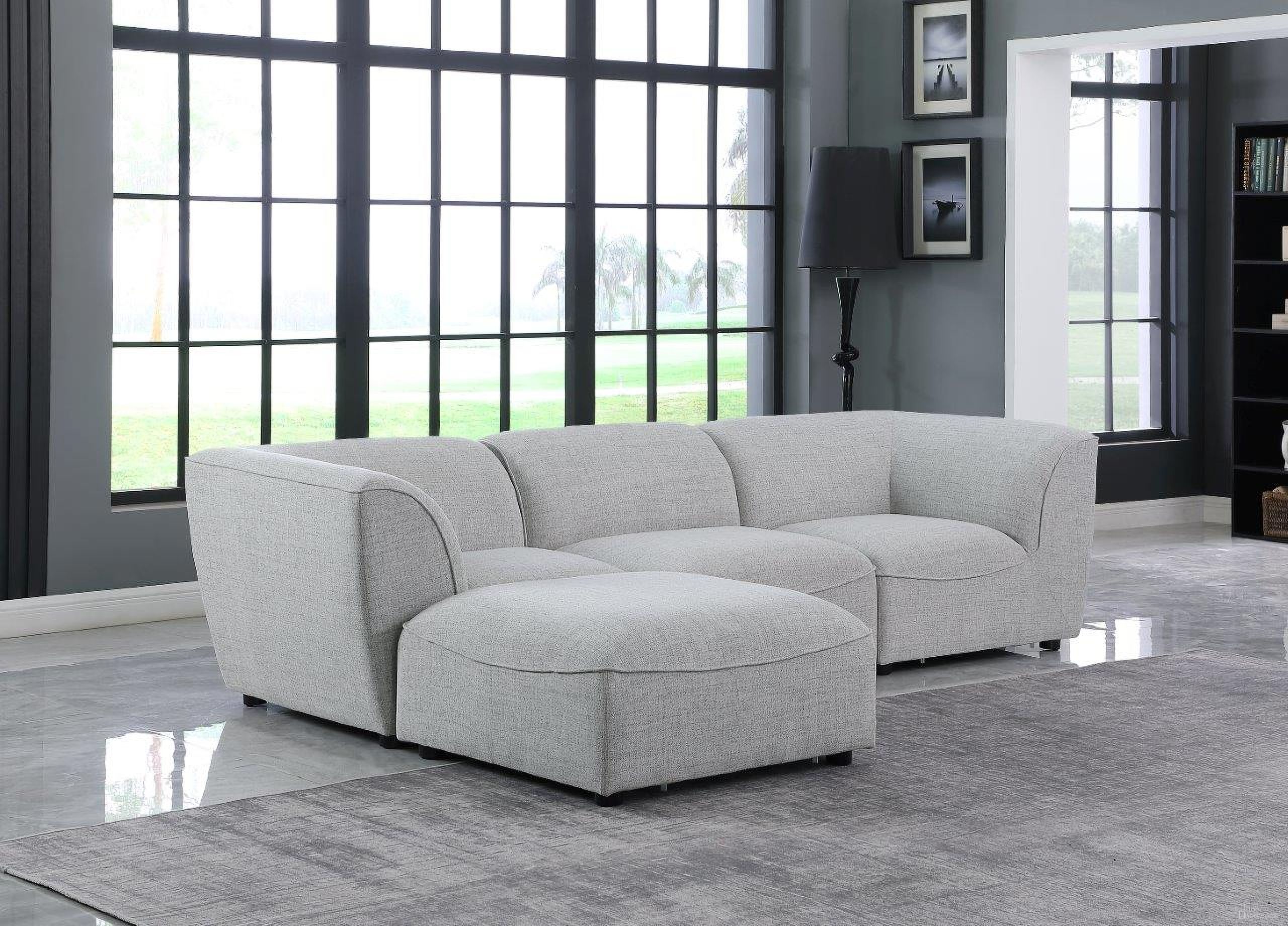 The appearance of Miramar Durable Linen Textured 4 Piece Modular Sectional In Grey designed by Meridian in the modern / contemporary interior design. This grey piece of furniture was selected by 1StopBedrooms from Miramar Collection to add a touch of cosiness and style into your home. Sku: 683Grey-Corner;683Grey-Corner;683Grey-Armless;683Grey-Ott. Material: Linen. Layout: Sofa & Chaise.
