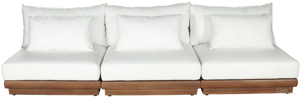 The appearance of Mirella 111 Inch Fabric Upholstered 3 Piece Outdoor Patio Modular Sofa In Off White and Stained Natural designed by Meridian in the modern / contemporary interior design. This off white/stained natural piece of furniture was selected by 1StopBedrooms from Mirella Collection to add a touch of cosiness and style into your home. Sku: 111White-Armless;111White-Armless;111White-Armless. Material: Polyester.