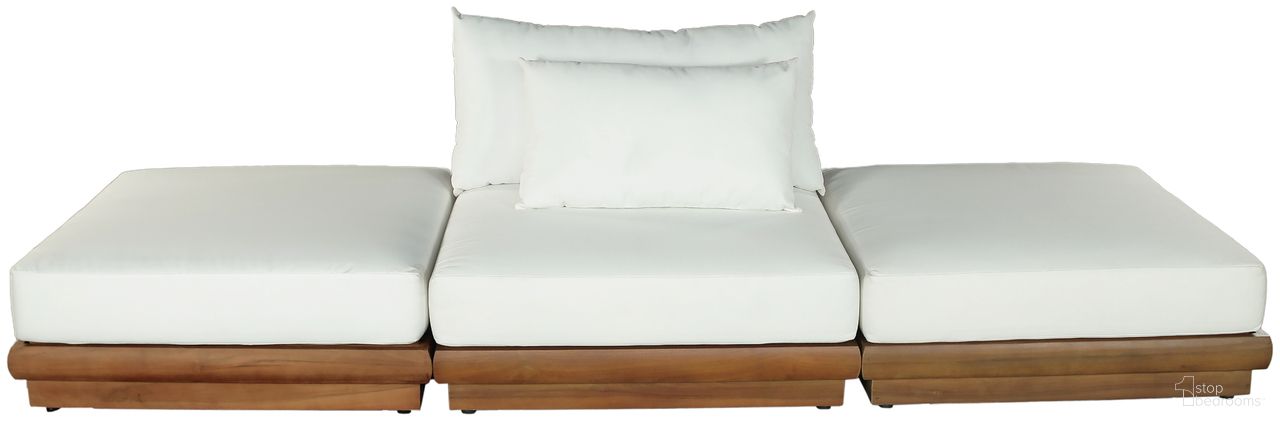 The appearance of Mirella 111 Inch Fabric Upholstered 3 Piece Outdoor Patio Modular Sofa In Off White and Stained Natural designed by Meridian in the modern / contemporary interior design. This off white/stained natural piece of furniture was selected by 1StopBedrooms from Mirella Collection to add a touch of cosiness and style into your home. Sku: 111White-Armless;111White-Ott;111White-Ott. Material: Polyester.