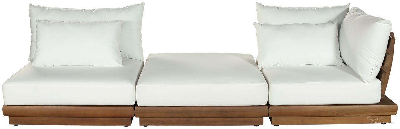 The appearance of Mirella 112 Inch Fabric Upholstered 3 Piece Outdoor Patio Modular Sofa In Off White and Stained Natural designed by Meridian in the modern / contemporary interior design. This off white/stained natural piece of furniture was selected by 1StopBedrooms from Mirella Collection to add a touch of cosiness and style into your home. Sku: 111White-Armless;111White-Corner;111White-Ott. Material: Polyester.
