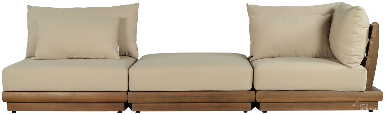 The appearance of Mirella 112 Inch Fabric Upholstered 3 Piece Outdoor Patio Modular Sofa In Tan and Stained Natural designed by Meridian in the modern / contemporary interior design. This tan/stained natural piece of furniture was selected by 1StopBedrooms from Mirella Collection to add a touch of cosiness and style into your home. Sku: 111Tan-Armless;111Tan-Corner;111Tan-Ott. Material: Polyester.