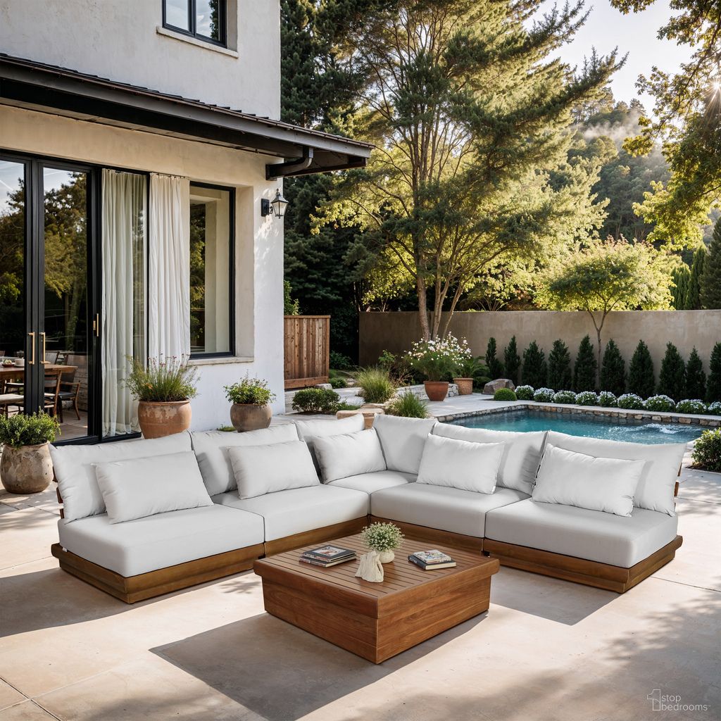 The appearance of Mirella 112 Inch Fabric Upholstered 5 Piece Outdoor Patio Modular Sectional In Off White and Stained Natural designed by Meridian in the modern / contemporary interior design. This off white/stained natural piece of furniture was selected by 1StopBedrooms from Mirella Collection to add a touch of cosiness and style into your home. Sku: 111White-Armless;111White-Armless;111White-Armless;111White-Armless;111White-Corner. Material: Polyester.