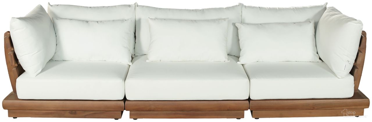 The appearance of Mirella 113 Inch Fabric Upholstered 3 Piece Outdoor Patio Modular Sofa In Off White and Stained Natural designed by Meridian in the modern / contemporary interior design. This off white/stained natural piece of furniture was selected by 1StopBedrooms from Mirella Collection to add a touch of cosiness and style into your home. Sku: 111White-Armless;111White-Corner;111White-Corner. Material: Polyester.
