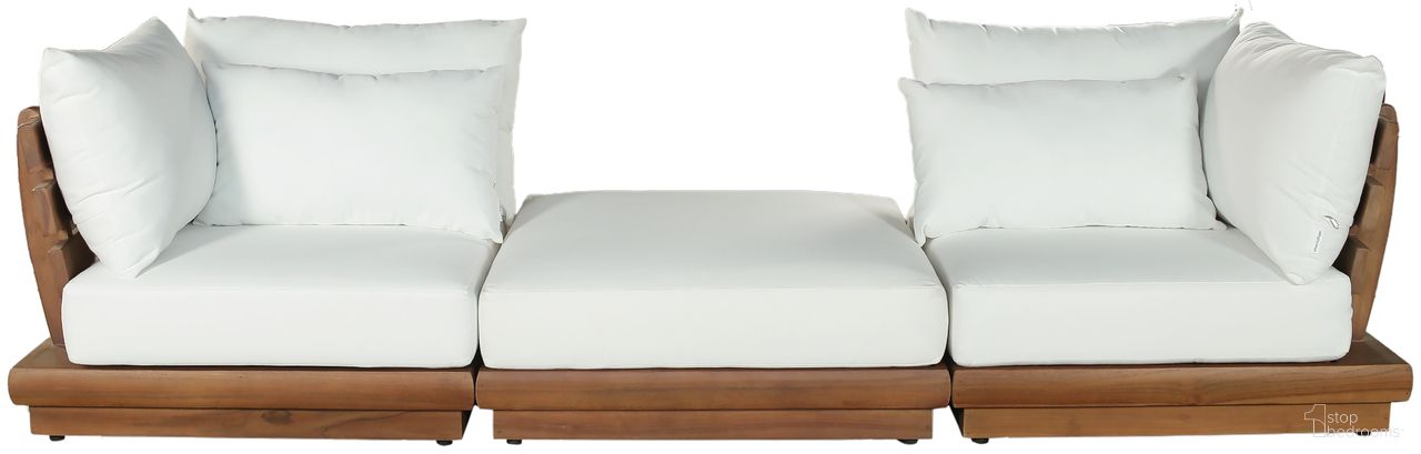 The appearance of Mirella 113 Inch Fabric Upholstered 3 Piece Outdoor Patio Modular Sofa In Off White and Stained Natural designed by Meridian in the modern / contemporary interior design. This off white/stained natural piece of furniture was selected by 1StopBedrooms from Mirella Collection to add a touch of cosiness and style into your home. Sku: 111White-Corner;111White-Corner;111White-Ott. Material: Polyester.