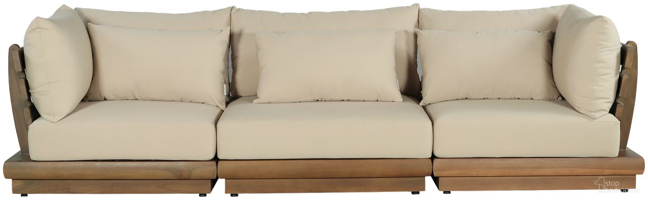 The appearance of Mirella 113 Inch Fabric Upholstered 3 Piece Outdoor Patio Modular Sofa In Tan and Stained Natural designed by Meridian in the modern / contemporary interior design. This tan/stained natural piece of furniture was selected by 1StopBedrooms from Mirella Collection to add a touch of cosiness and style into your home. Sku: 111Tan-Armless;111Tan-Corner;111Tan-Corner. Material: Polyester.
