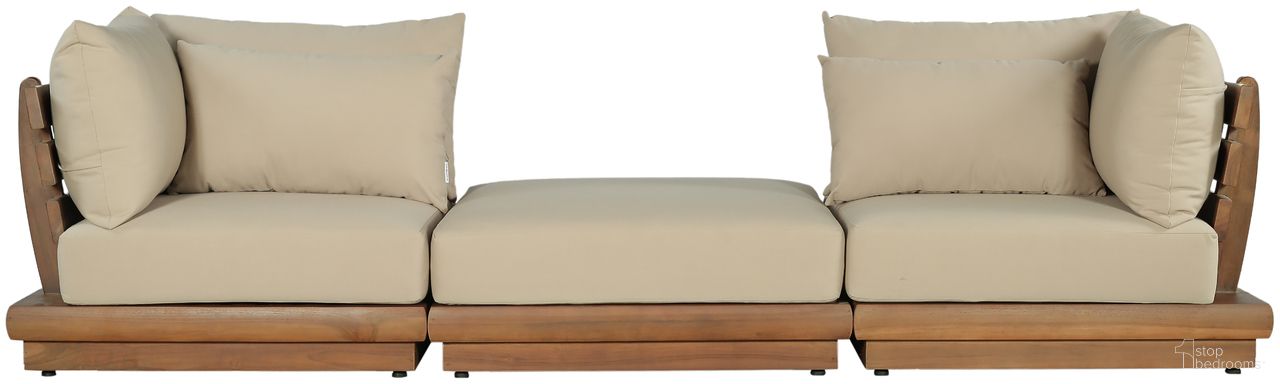 The appearance of Mirella 113 Inch Fabric Upholstered 3 Piece Outdoor Patio Modular Sofa In Tan and Stained Natural designed by Meridian in the modern / contemporary interior design. This tan/stained natural piece of furniture was selected by 1StopBedrooms from Mirella Collection to add a touch of cosiness and style into your home. Sku: 111Tan-Corner;111Tan-Corner;111Tan-Ott. Material: Polyester.