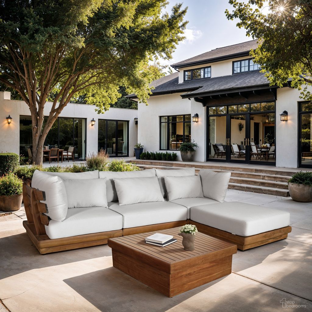 The appearance of Mirella 113 Inch Fabric Upholstered 4 Piece Outdoor Patio Modular Sectional In Off White and Stained Natural designed by Meridian in the modern / contemporary interior design. This off white/stained natural piece of furniture was selected by 1StopBedrooms from Mirella Collection to add a touch of cosiness and style into your home. Sku: 111White-Armless;111White-Corner;111White-Corner;111White-Ott. Material: Polyester.