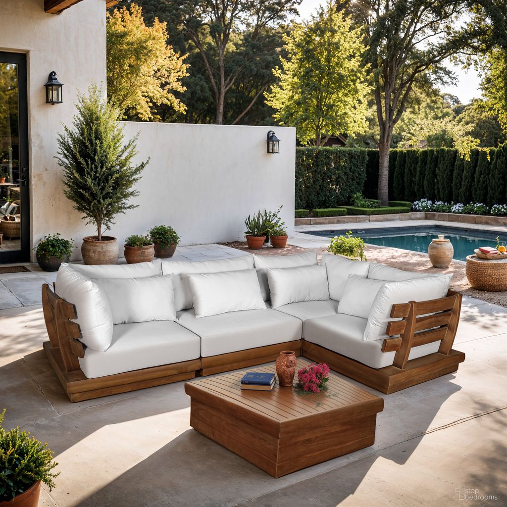 The appearance of Mirella 113 Inch Fabric Upholstered 4 Piece Outdoor Patio Modular Sectional In Off White and Stained Natural designed by Meridian in the modern / contemporary interior design. This off white/stained natural piece of furniture was selected by 1StopBedrooms from Mirella Collection to add a touch of cosiness and style into your home. Sku: 111White-Armless;111White-Corner;111White-Corner;111White-Corner. Material: Polyester.