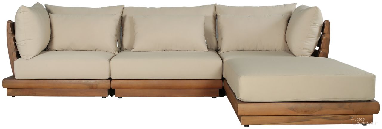 The appearance of Mirella 113 Inch Fabric Upholstered 4 Piece Outdoor Patio Modular Sectional In Tan and Stained Natural designed by Meridian in the modern / contemporary interior design. This tan/stained natural piece of furniture was selected by 1StopBedrooms from Mirella Collection to add a touch of cosiness and style into your home. Sku: 111Tan-Armless;111Tan-Corner;111Tan-Corner;111Tan-Ott. Material: Polyester.