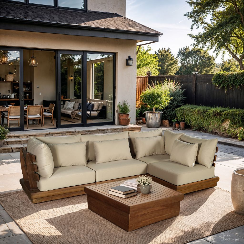 The appearance of Mirella 113 Inch Fabric Upholstered 4 Piece Outdoor Patio Modular Sectional In Tan and Stained Natural designed by Meridian in the modern / contemporary interior design. This tan/stained natural piece of furniture was selected by 1StopBedrooms from Mirella Collection to add a touch of cosiness and style into your home. Sku: 111Tan-Armless;111Tan-Armless;111Tan-Corner;111Tan-Corner. Material: Polyester.
