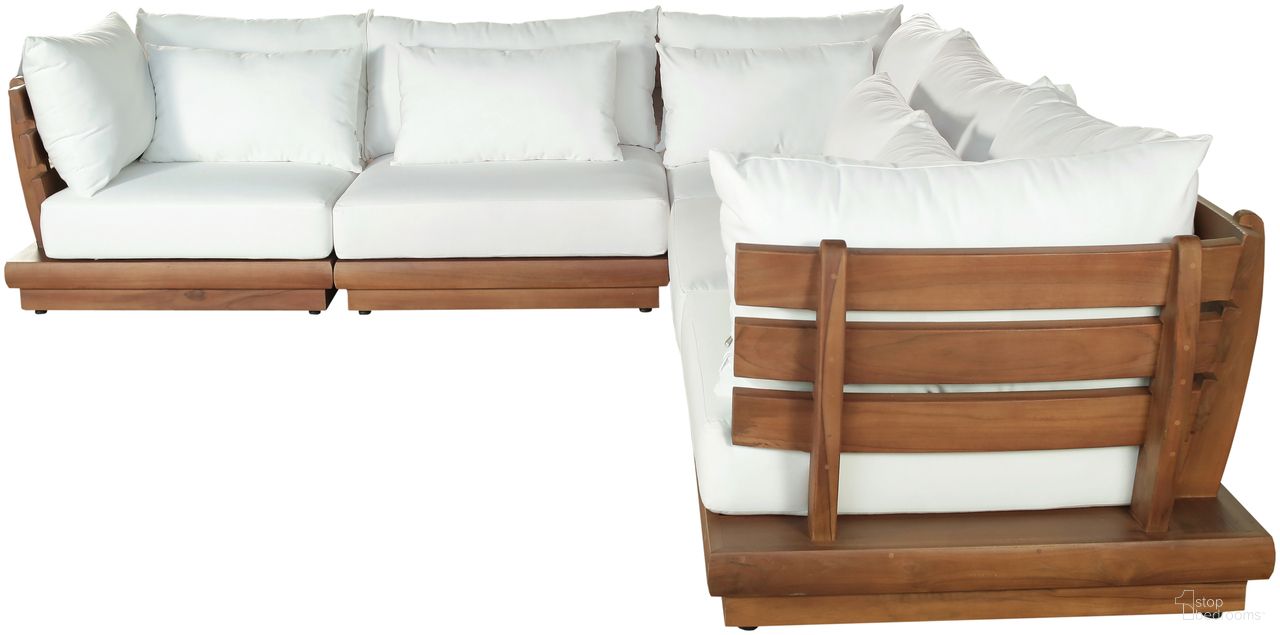 The appearance of Mirella 113 Inch Fabric Upholstered 5 Piece Outdoor Patio Modular Sectional In Off White and Stained Natural designed by Meridian in the modern / contemporary interior design. This off white/stained natural piece of furniture was selected by 1StopBedrooms from Mirella Collection to add a touch of cosiness and style into your home. Sku: 111White-Armless;111White-Armless;111White-Corner;111White-Corner;111White-Corner. Material: Polyester.