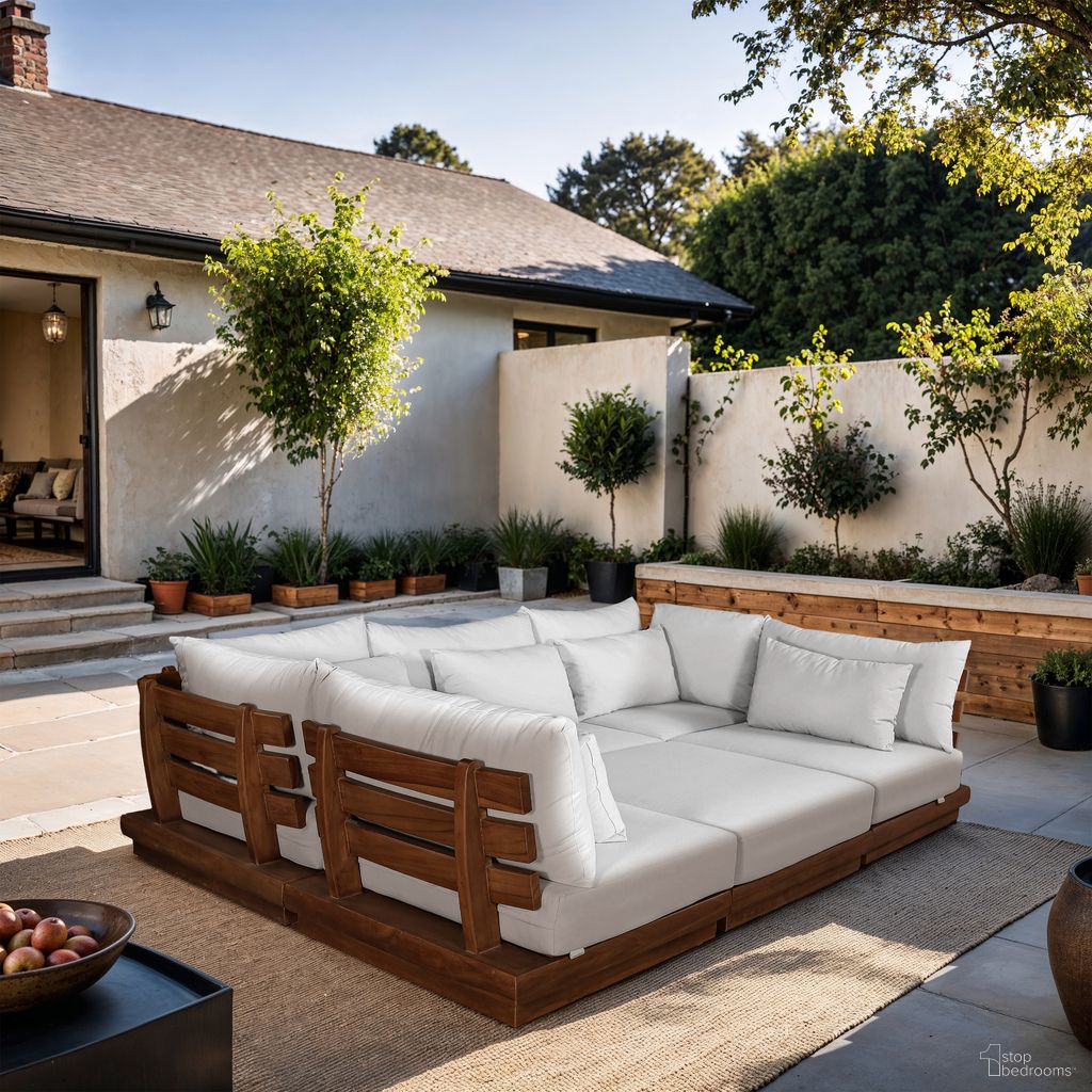 The appearance of Mirella 113 Inch Fabric Upholstered 6 Piece Outdoor Patio Modular Sectional In Off White and Stained Natural designed by Meridian in the modern / contemporary interior design. This off white/stained natural piece of furniture was selected by 1StopBedrooms from Mirella Collection to add a touch of cosiness and style into your home. Sku: 111White-Armless;111White-Armless;111White-Armless;111White-Corner;111White-Corner;111White-Ott. Material: Polyester.