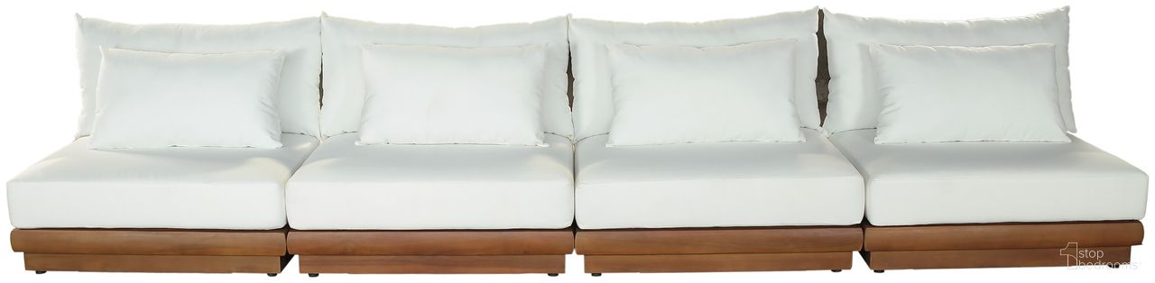 The appearance of Mirella 148 Inch Fabric Upholstered 4 Piece Outdoor Patio Modular Sofa In Off White and Stained Natural designed by Meridian in the modern / contemporary interior design. This off white/stained natural piece of furniture was selected by 1StopBedrooms from Mirella Collection to add a touch of cosiness and style into your home. Sku: 111White-Armless;111White-Armless;111White-Armless;111White-Armless. Material: Polyester.