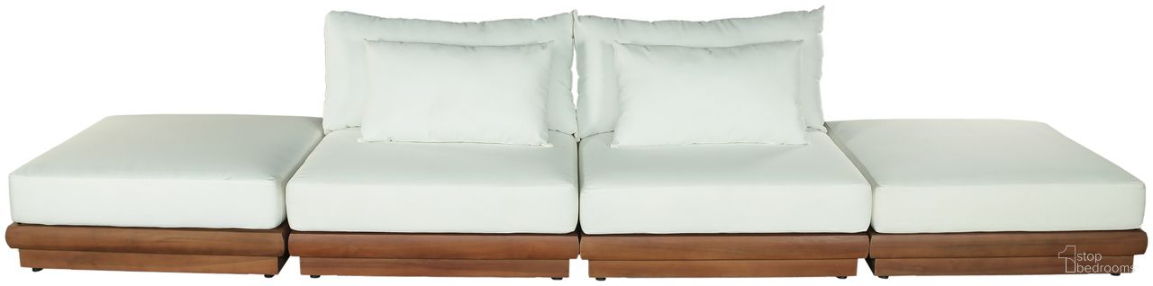 The appearance of Mirella 148 Inch Fabric Upholstered 4 Piece Outdoor Patio Modular Sofa In Off White and Stained Natural designed by Meridian in the modern / contemporary interior design. This off white/stained natural piece of furniture was selected by 1StopBedrooms from Mirella Collection to add a touch of cosiness and style into your home. Sku: 111White-Armless;111White-Armless;111White-Ott;111White-Ott. Material: Polyester.