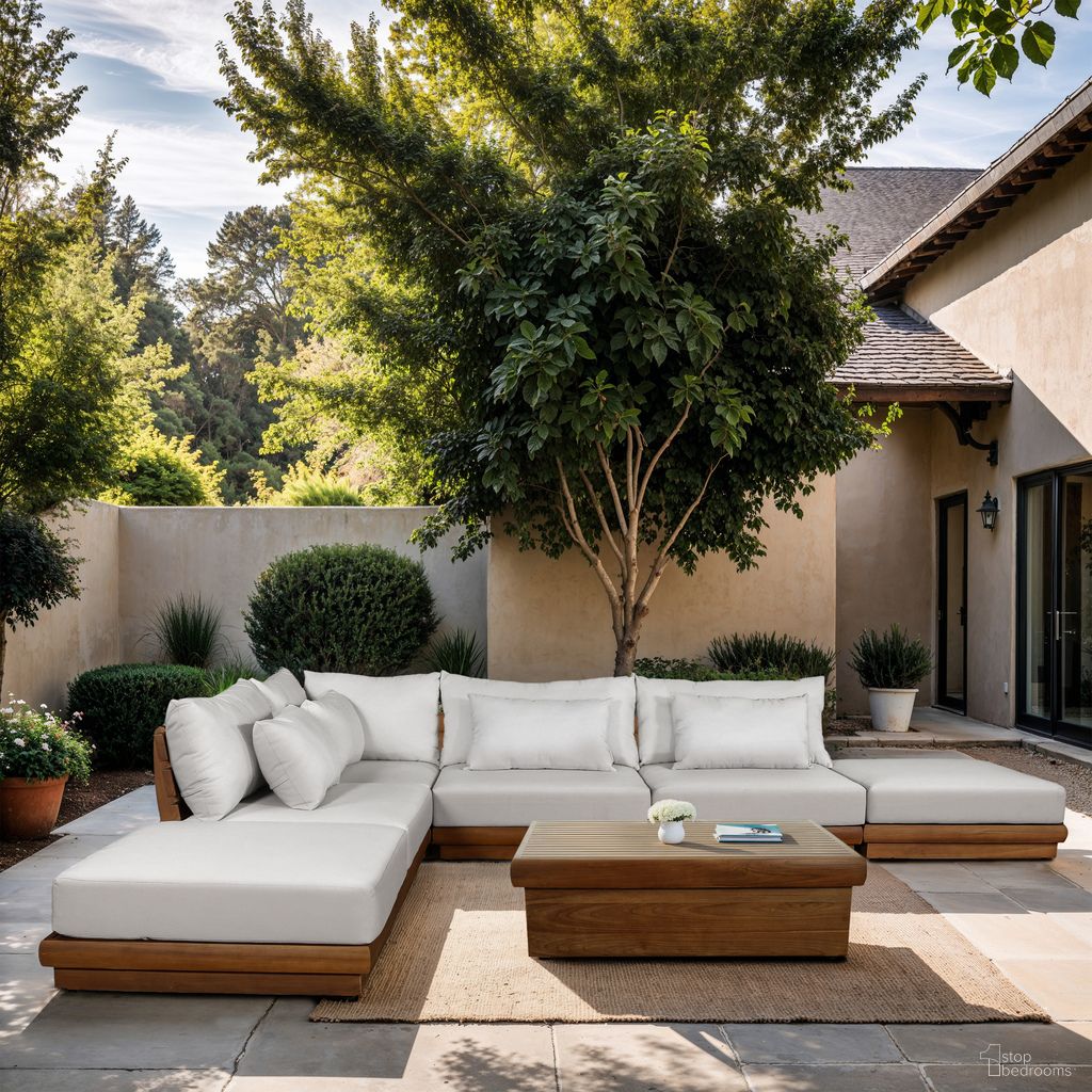 The appearance of Mirella 149 Inch Fabric Upholstered 6 Piece Outdoor Patio Modular Sectional In Off White and Stained Natural designed by Meridian in the modern / contemporary interior design. This off white/stained natural piece of furniture was selected by 1StopBedrooms from Mirella Collection to add a touch of cosiness and style into your home. Sku: 111White-Armless;111White-Armless;111White-Armless;111White-Corner;111White-Ott;111White-Ott. Material: Polyester.