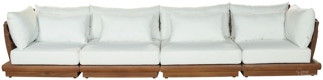 The appearance of Mirella 150 Inch Fabric Upholstered 4 Piece Outdoor Patio Modular Sofa In Off White and Stained Natural designed by Meridian in the modern / contemporary interior design. This off white/stained natural piece of furniture was selected by 1StopBedrooms from Mirella Collection to add a touch of cosiness and style into your home. Sku: 111White-Armless;111White-Armless;111White-Corner;111White-Corner. Material: Polyester.
