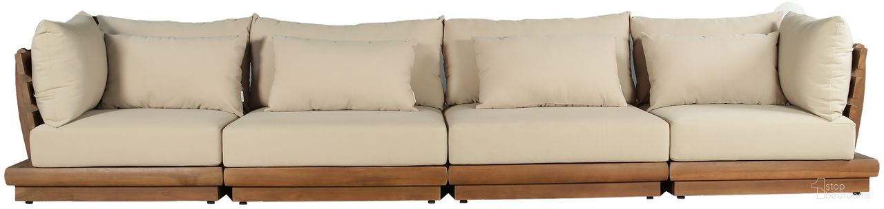The appearance of Mirella 150 Inch Fabric Upholstered 4 Piece Outdoor Patio Modular Sofa In Tan and Stained Natural designed by Meridian in the modern / contemporary interior design. This tan/stained natural piece of furniture was selected by 1StopBedrooms from Mirella Collection to add a touch of cosiness and style into your home. Sku: 111Tan-Armless;111Tan-Armless;111Tan-Corner;111Tan-Corner. Material: Polyester.