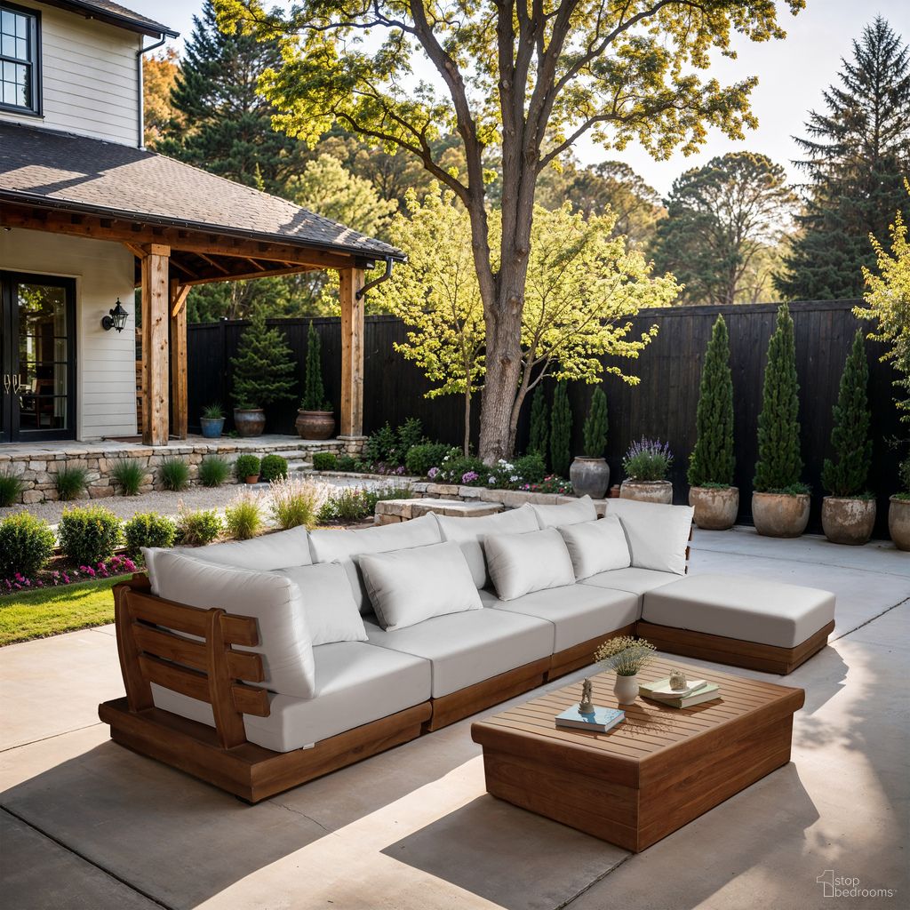 The appearance of Mirella 150 Inch Fabric Upholstered 5 Piece Outdoor Patio Modular Sectional In Off White and Stained Natural designed by Meridian in the modern / contemporary interior design. This off white/stained natural piece of furniture was selected by 1StopBedrooms from Mirella Collection to add a touch of cosiness and style into your home. Sku: 111White-Armless;111White-Armless;111White-Corner;111White-Corner;111White-Ott. Material: Polyester.