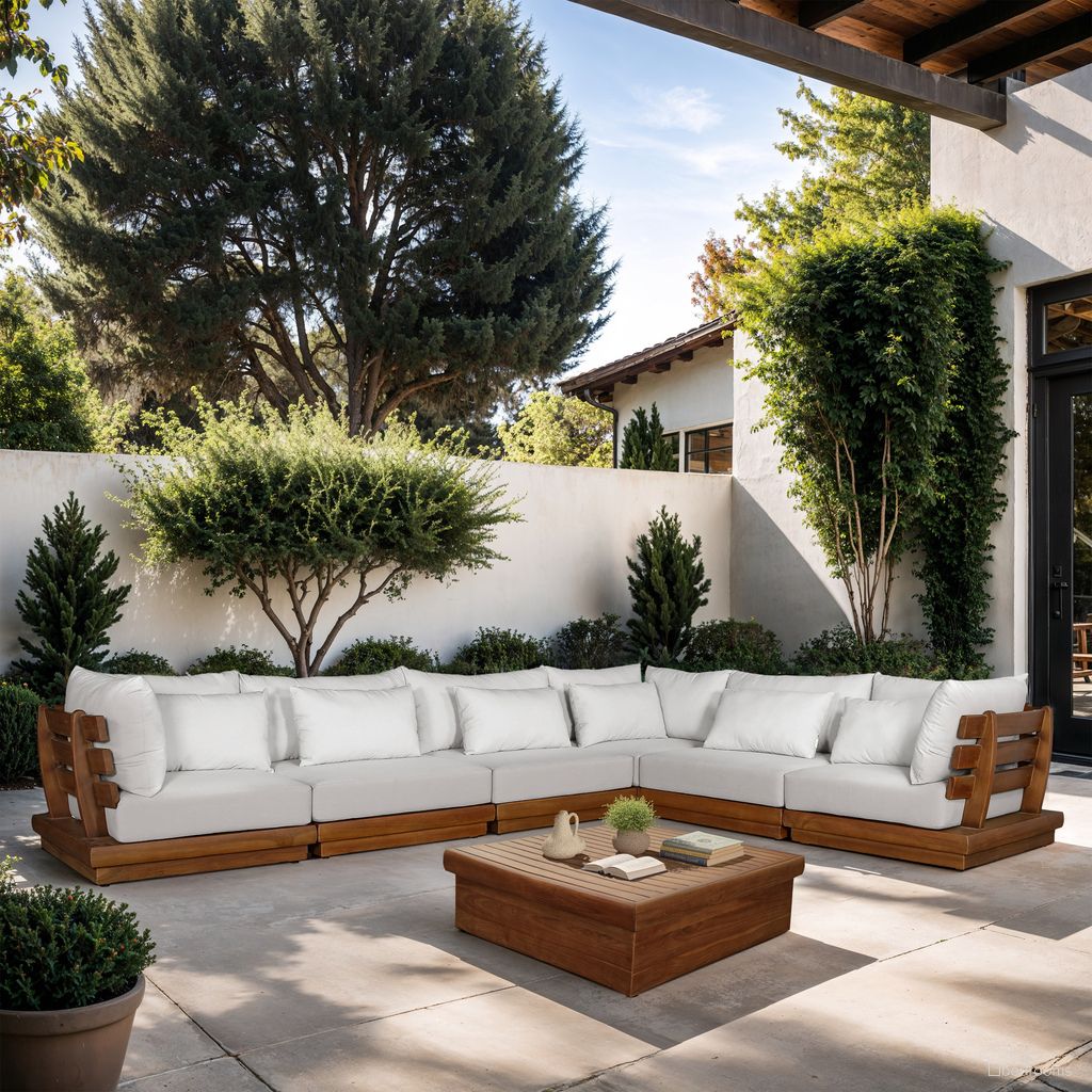 The appearance of Mirella 150 Inch Fabric Upholstered 6 Piece Outdoor Patio Modular Sectional In Off White and Stained Natural designed by Meridian in the modern / contemporary interior design. This off white/stained natural piece of furniture was selected by 1StopBedrooms from Mirella Collection to add a touch of cosiness and style into your home. Sku: 111White-Armless;111White-Armless;111White-Armless;111White-Corner;111White-Corner;111White-Corner. Material: Polyester.