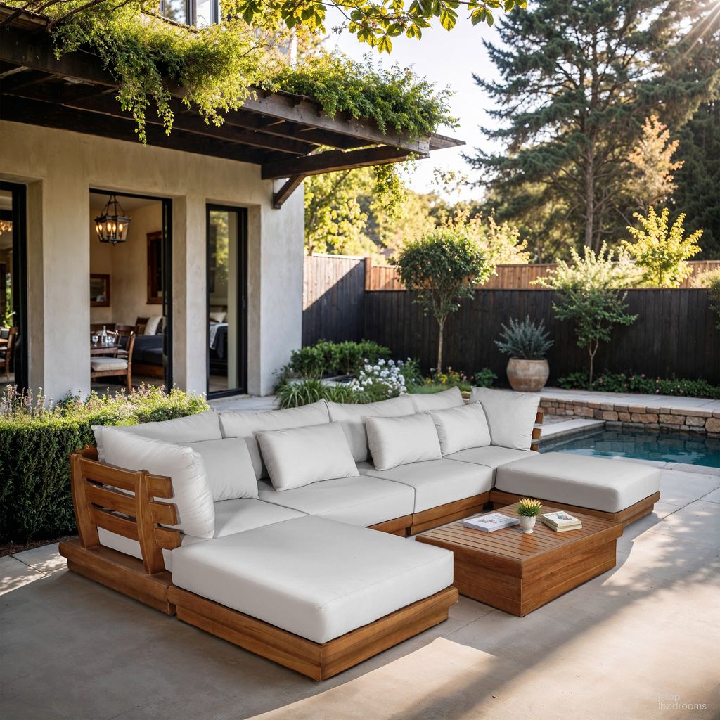 The appearance of Mirella 150 Inch Fabric Upholstered 6 Piece Outdoor Patio Modular Sectional In Off White and Stained Natural designed by Meridian in the modern / contemporary interior design. This off white/stained natural piece of furniture was selected by 1StopBedrooms from Mirella Collection to add a touch of cosiness and style into your home. Sku: 111White-Armless;111White-Armless;111White-Corner;111White-Corner;111White-Ott;111White-Ott. Material: Polyester.