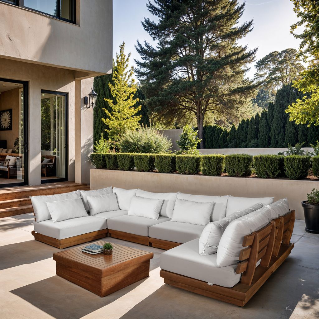 The appearance of Mirella 150 Inch Fabric Upholstered 6 Piece Outdoor Patio Modular Sectional In Off White and Stained Natural designed by Meridian in the modern / contemporary interior design. This off white/stained natural piece of furniture was selected by 1StopBedrooms from Mirella Collection to add a touch of cosiness and style into your home. Sku: 111White-Armless;111White-Armless;111White-Armless;111White-Armless;111White-Corner;111White-Corner. Material: Polyester.