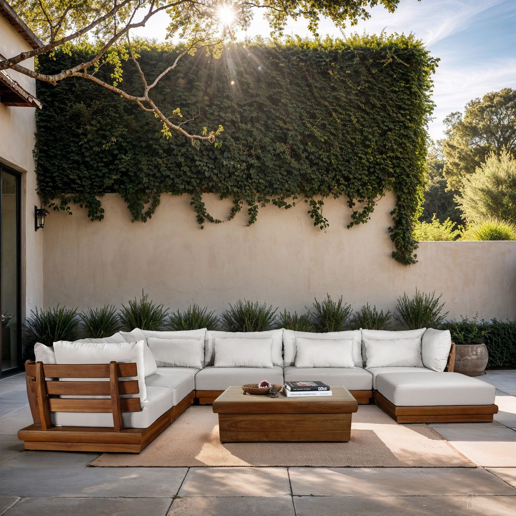 The appearance of Mirella 150 Inch Fabric Upholstered 7 Piece Outdoor Patio Modular Sectional In Off White and Stained Natural designed by Meridian in the modern / contemporary interior design. This off white/stained natural piece of furniture was selected by 1StopBedrooms from Mirella Collection to add a touch of cosiness and style into your home. Sku: 111White-Armless;111White-Armless;111White-Armless;111White-Corner;111White-Corner;111White-Corner;111White-Ott. Material: Polyester.
