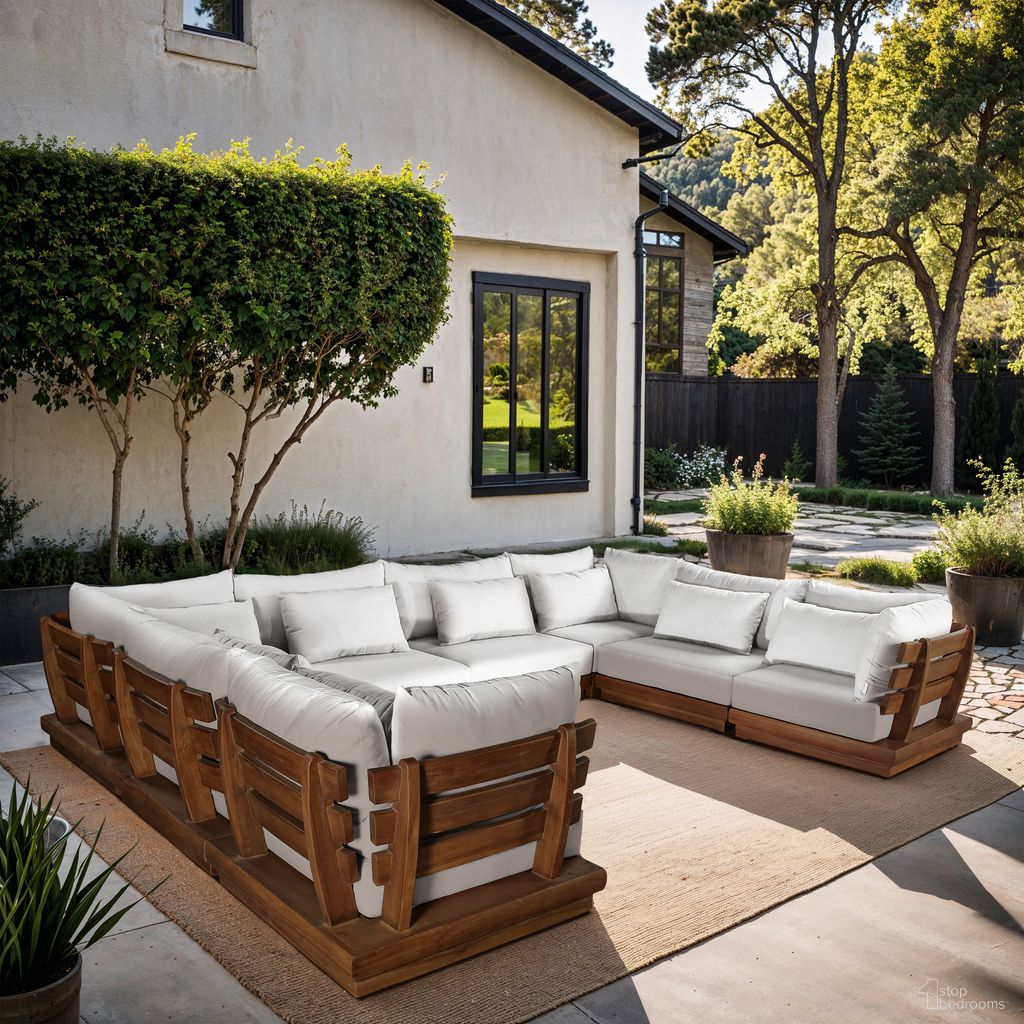 The appearance of Mirella 150 Inch Fabric Upholstered 8 Piece Outdoor Patio Modular Sectional In Off White and Stained Natural designed by Meridian in the modern / contemporary interior design. This off white/stained natural piece of furniture was selected by 1StopBedrooms from Mirella Collection to add a touch of cosiness and style into your home. Sku: 111White-Armless;111White-Armless;111White-Armless;111White-Armless;111White-Corner;111White-Corner;111White-Corner;111White-Corner. Material: Polyester.