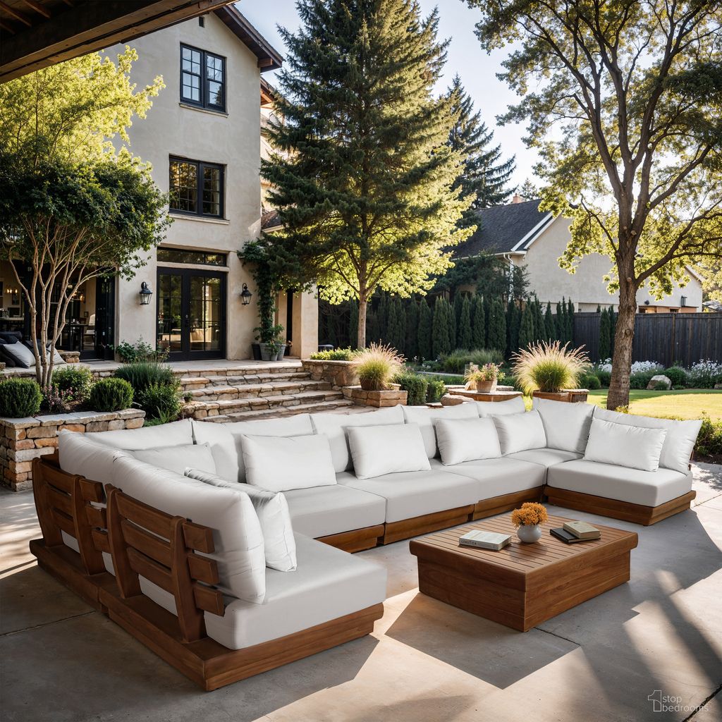 The appearance of Mirella 187 Inch Fabric Upholstered 7 Piece Outdoor Patio Modular Sectional In Off White and Stained Natural designed by Meridian in the modern / contemporary interior design. This off white/stained natural piece of furniture was selected by 1StopBedrooms from Mirella Collection to add a touch of cosiness and style into your home. Sku: 111White-Armless;111White-Armless;111White-Armless;111White-Armless;111White-Armless;111White-Corner;111White-Corner. Material: Polyester.