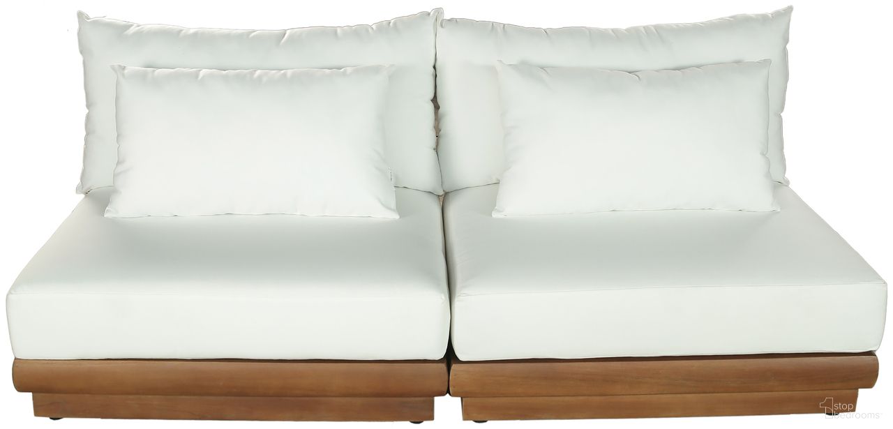 The appearance of Mirella 74 Inch Fabric Upholstered 2 Piece Outdoor Patio Modular Loveseat In Off White and Stained Natural designed by Meridian in the modern / contemporary interior design. This off white/stained natural piece of furniture was selected by 1StopBedrooms from Mirella Collection to add a touch of cosiness and style into your home. Sku: 111White-Armless;111White-Armless. Material: Polyester.