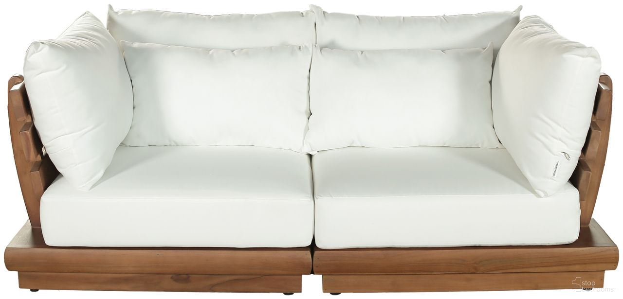 The appearance of Mirella 76 Inch Fabric Upholstered 2 Piece Outdoor Patio Modular Loveseat In Off White and Stained Natural designed by Meridian in the modern / contemporary interior design. This off white/stained natural piece of furniture was selected by 1StopBedrooms from Mirella Collection to add a touch of cosiness and style into your home. Sku: 111White-Corner;111White-Corner. Material: Polyester.