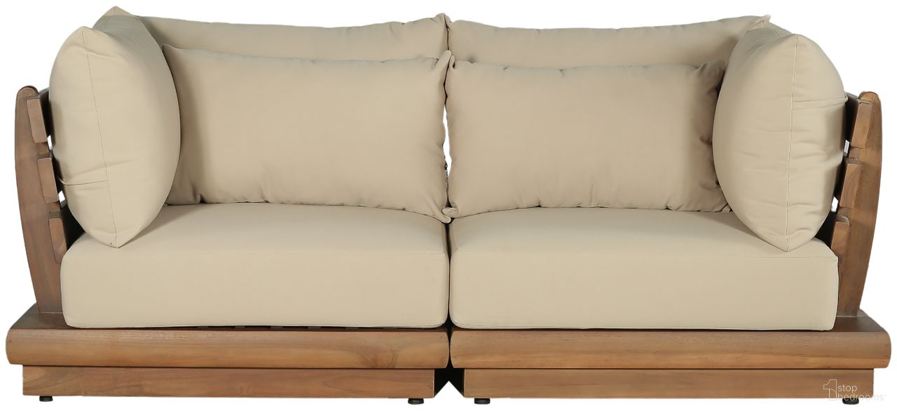 The appearance of Mirella 76 Inch Fabric Upholstered 2 Piece Outdoor Patio Modular Loveseat In Tan and Stained Natural designed by Meridian in the modern / contemporary interior design. This tan/stained natural piece of furniture was selected by 1StopBedrooms from Mirella Collection to add a touch of cosiness and style into your home. Sku: 111Tan-Corner;111Tan-Corner. Material: Polyester.