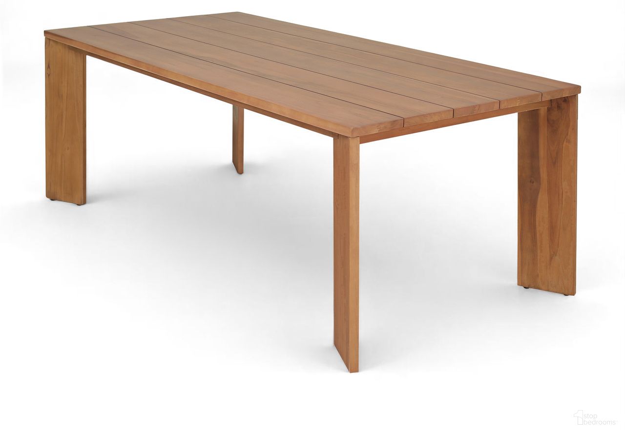 The appearance of Mirella 78.75 Inch Teak Wood Outdoor Patio Dining Table In Natural designed by Meridian in the modern / contemporary interior design. This natural piece of furniture was selected by 1StopBedrooms from Mirella Collection to add a touch of cosiness and style into your home. Sku: 111-DT78. Table Base Style: Legs. Table Top Shape: Rectangular. Material: Teak Wood.
