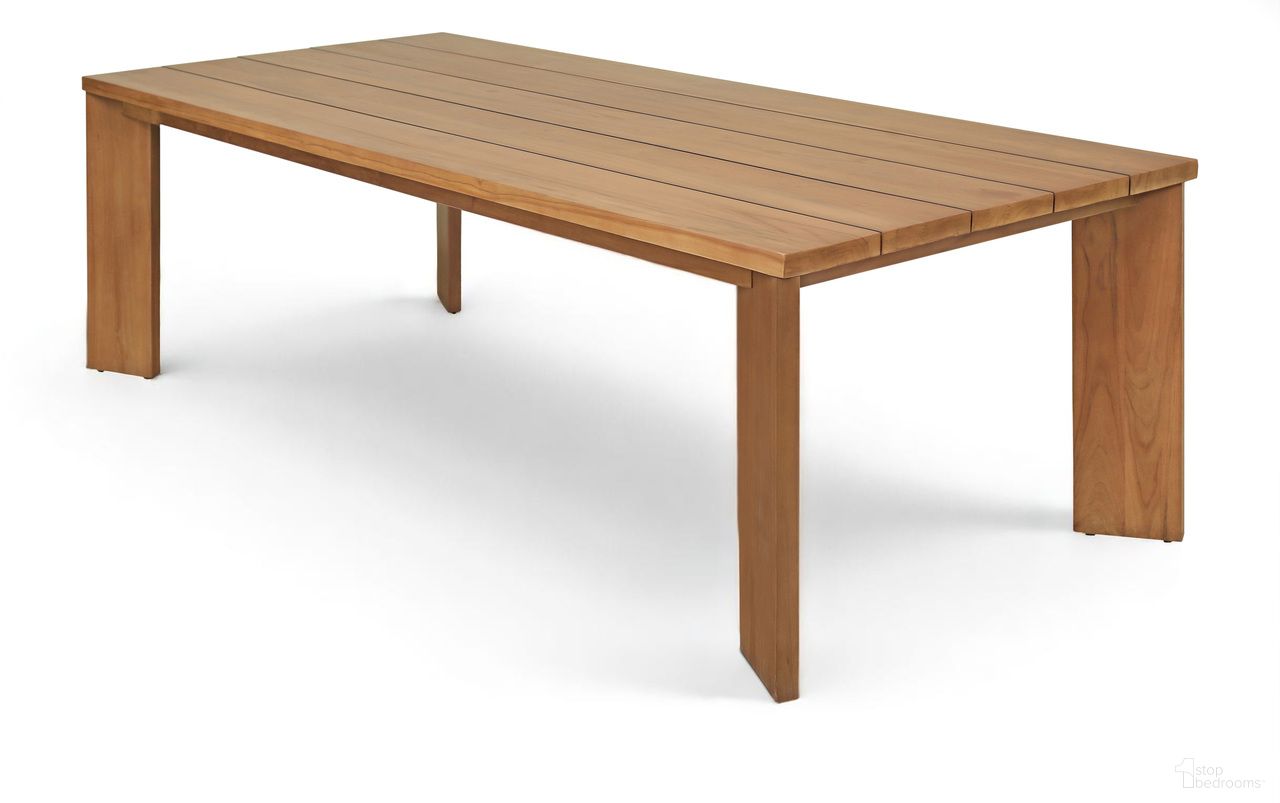 The appearance of Mirella 96 Inch Teak Wood Outdoor Patio Dining Table In Natural designed by Meridian in the modern / contemporary interior design. This natural piece of furniture was selected by 1StopBedrooms from Mirella Collection to add a touch of cosiness and style into your home. Sku: 111-DT96. Table Base Style: Legs. Table Top Shape: Rectangular. Material: Teak Wood.