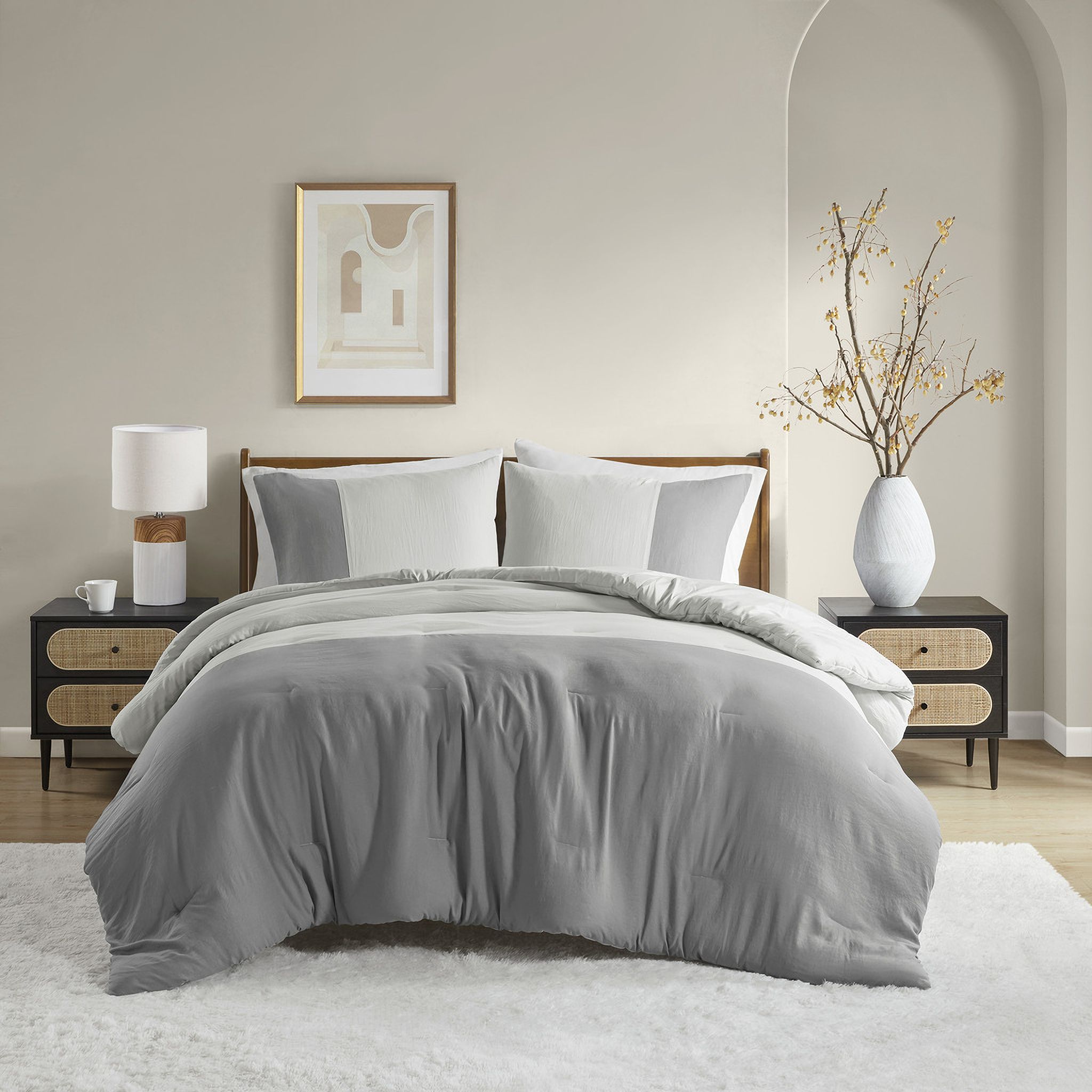 The appearance of Miro Soft Washed Color Block Comforter Set In Grey designed by Olliix in the modern / contemporary interior design. This grey piece of furniture  was selected by 1StopBedrooms from Miro Collection to add a touch of cosiness and style into your home. Sku: AM10-0180. Material: Polyester. Bed Size: Full.